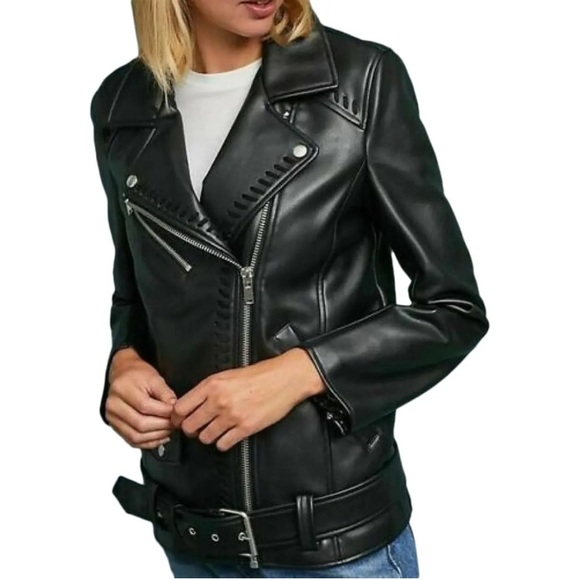 Anthropologie women's XS black moto faux leather midi whipstitch jacket biker - Picture 1 of 11